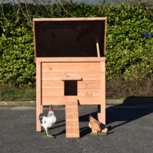 Kurnik Chicky 2 posiada uchylny dach, dzięki czemu można łatwo zajrzeć do wnętrza kurnika